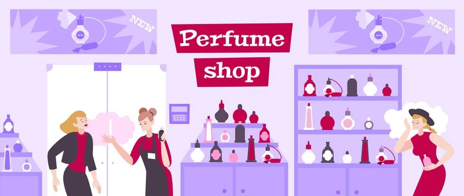 Perfume shop background with people and odor symbols flat vector illustration