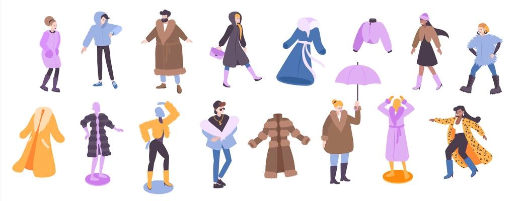 Fur coat set with man and woman fashion flat isolated vector illustration
