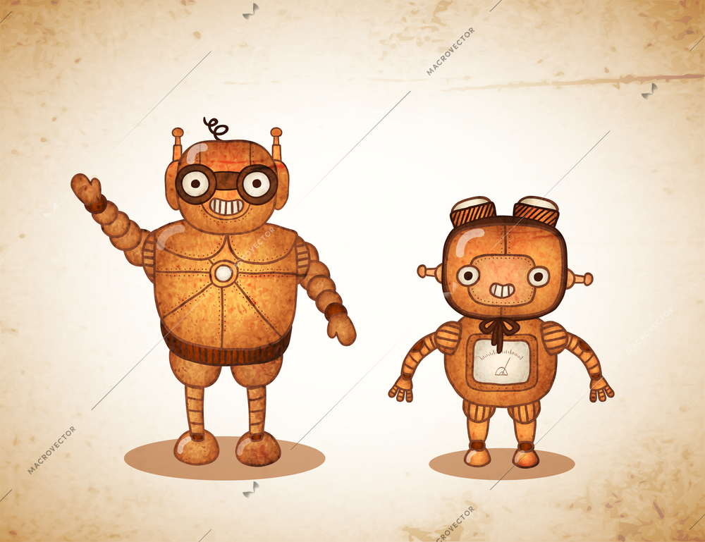 Hipster friendly retro funny robots vector illustration