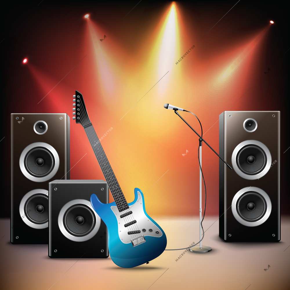 Rock music illuminated stage background with microphone electric guitar and speakers vector illustration.