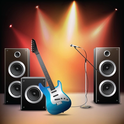 Rock music illuminated stage background with microphone electric guitar and speakers vector illustration.