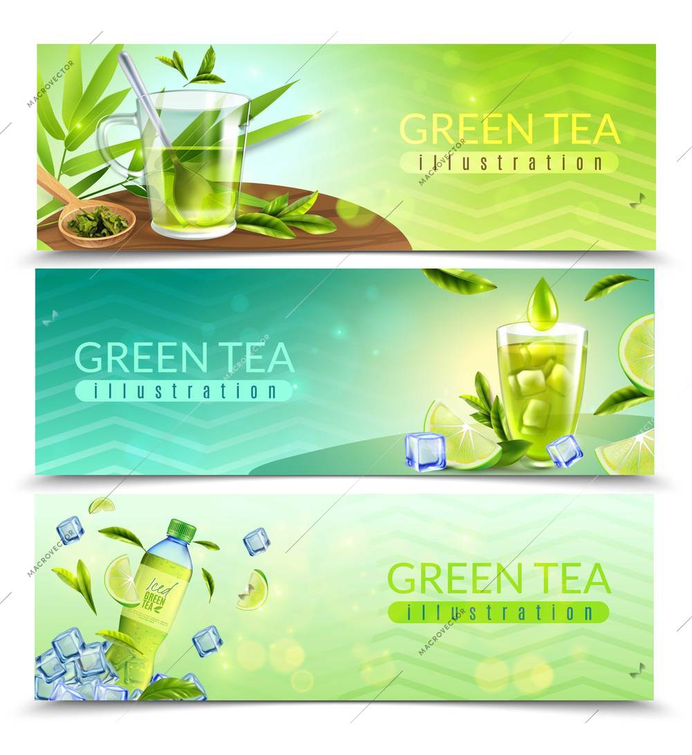 Green tea horizontal banners with glasses of healthy organic beverage tea leaves and pieces of ice vector illustration