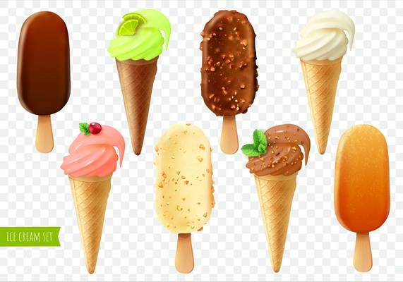 Ice cream transparent set of popsicles on stick and waffle cones with strawberry pistachio vanilla and chocolate taste vector illustration