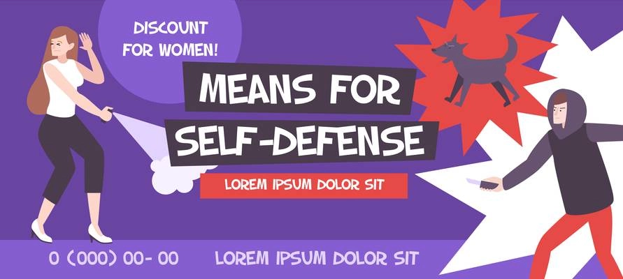 Self defense banner composition with editable advertising text phone numbers and flat human characters with threats vector illustration