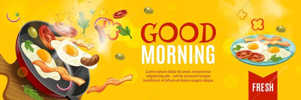 Breakfast horizontal ads poster with fried eggs in pan frankfurters and good morning text vector illustration