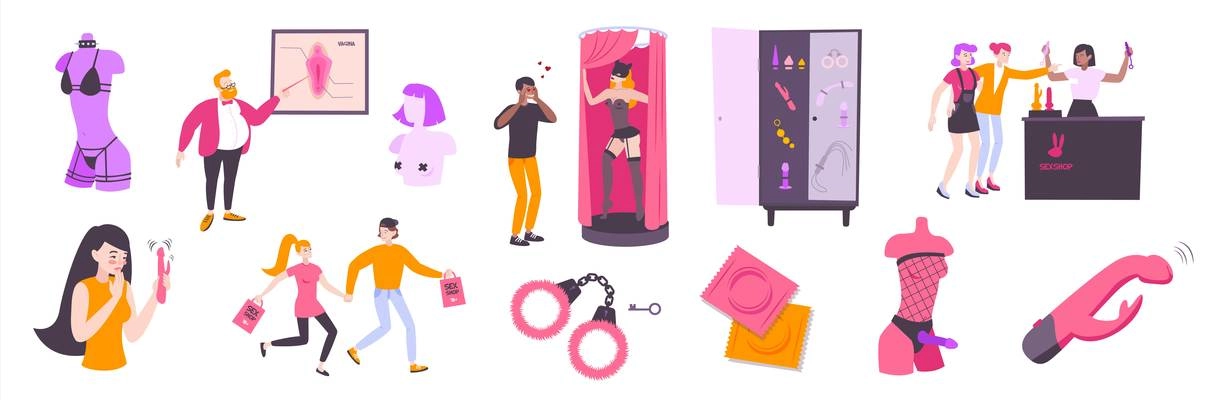 Sex shop flat icons collection with isolated images of sex toys shop displays vector illustration