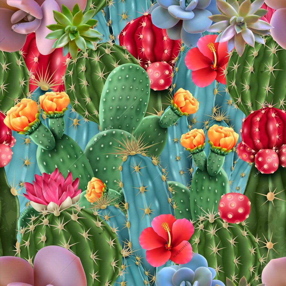 Cactus colorful seamless botanical pattern with different kinds of popular indoor flowering succulents vector illustration