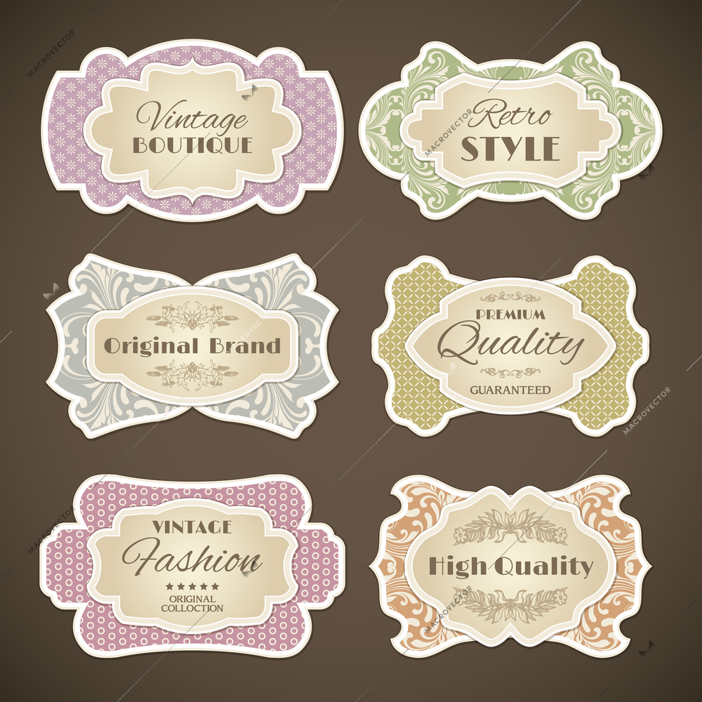 Decorative vintage fashion high quality paper retro style label set isolated vector illustration.