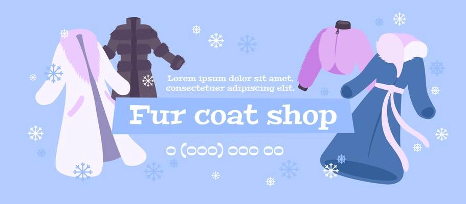 Fur coat shop poster with contact information flat vector illustration