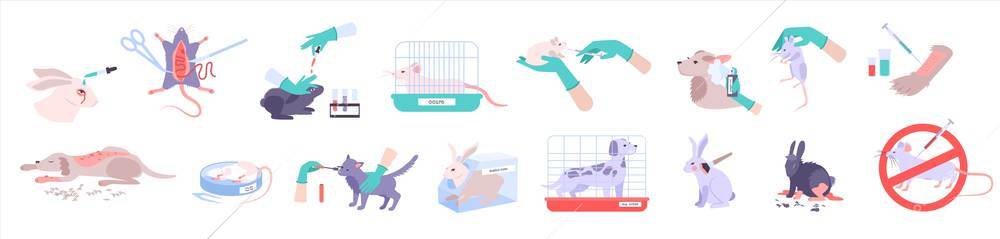 Animal testing icons set with experiment symbols flat isolated vector illustration