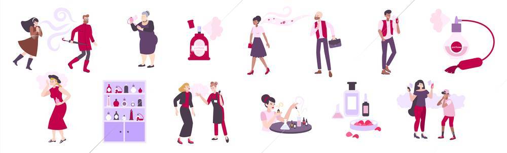 Perfume icons set with people and shops flat isolated vector illustration