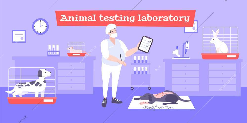 Animal testing laboratory background with experiment symbols flat vector illustration