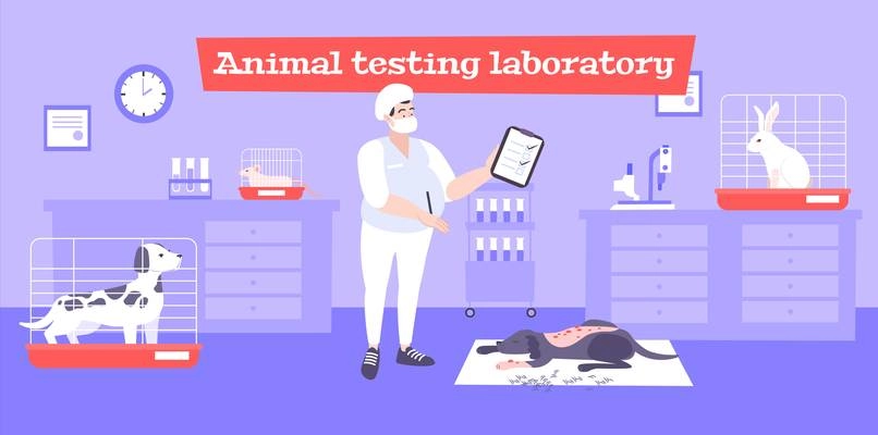 Animal testing laboratory background with experiment symbols flat vector illustration