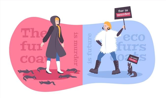 Eco fur coat concept with protest symbols flat vector illustration