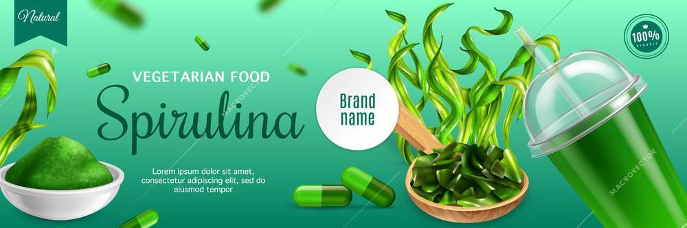 Realistic spirulina poster ads with editable text and brand name with images of pills and cocktail vector illustration