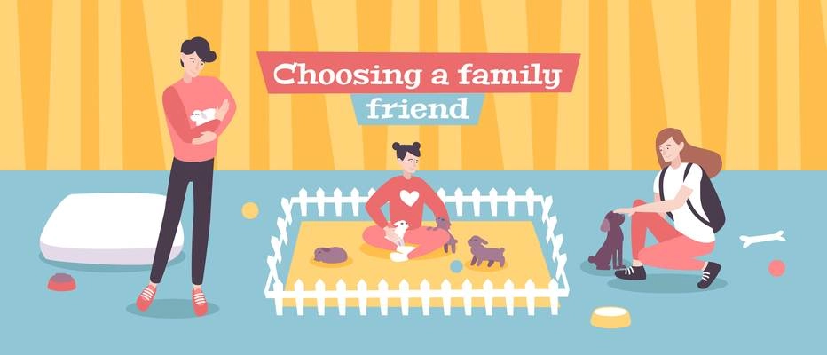 Choosing best calmest decorative dog breed as companion for working family with kids flat banner vector illustration