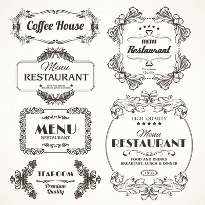 Decorative floral romantic ornament restaurant menu frames set isolated vector illustration.