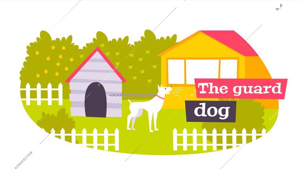 Family guard dog in outdoor kennel protecting home garden owners property flat oval composition vector illustration