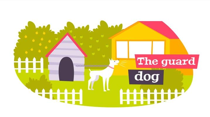 Family guard dog in outdoor kennel protecting home garden owners property flat oval composition vector illustration