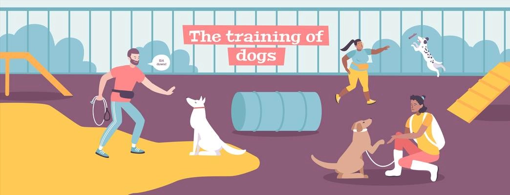 Dog training center outdoor facility with owners teaching pets commands and mastering activities flat banner vector illustration