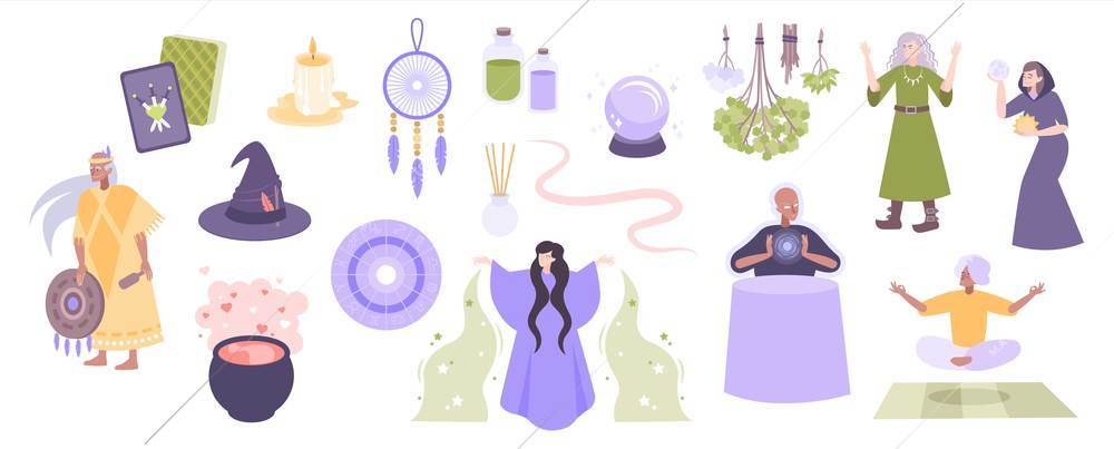 Mystic magic esoteric flat objects elements set with crystal ball dream catcher potion prediction cards vector illustration