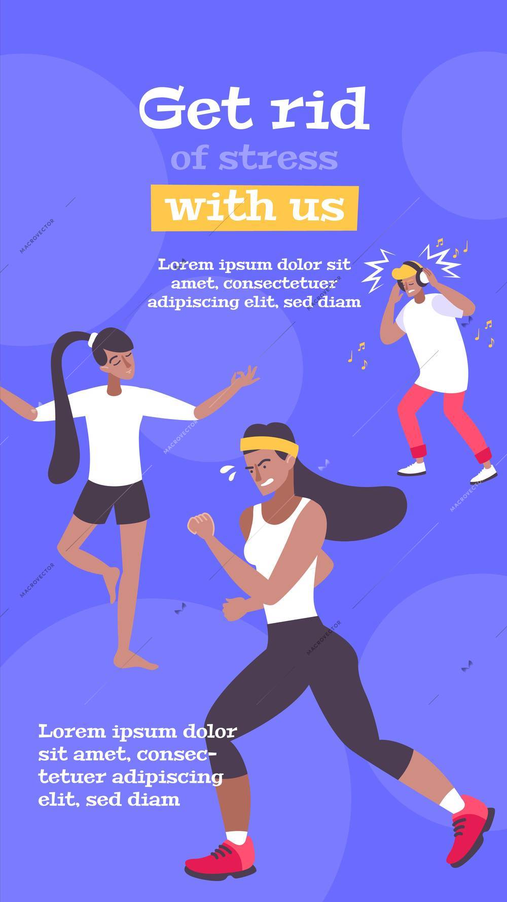 Stress banner with flat doodle human characters doing yoga sports getting rid of stress with editable text vector illustration