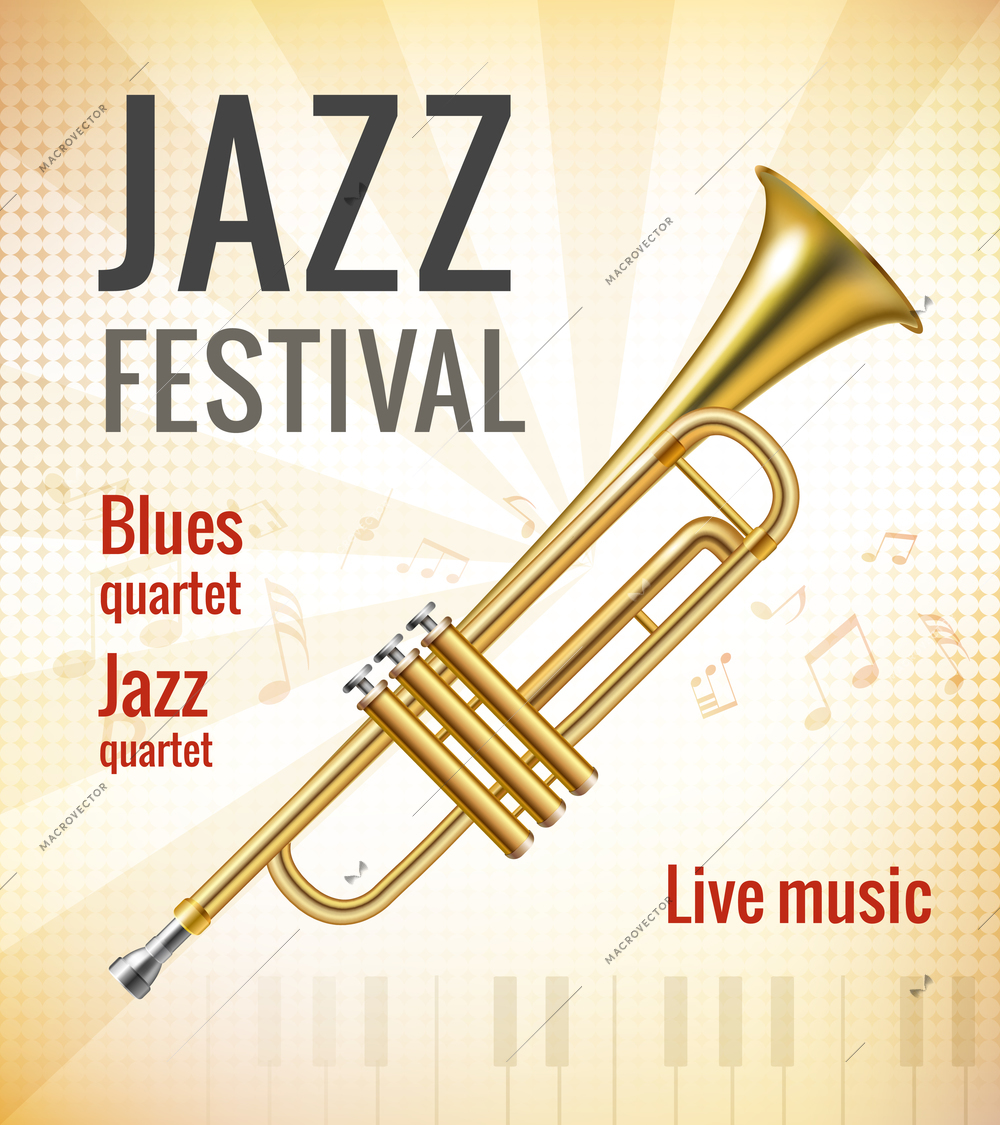 Jazz festival music concert poster with golden trumpet vector illustration