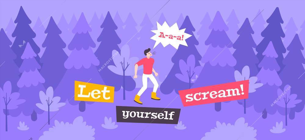 Scream stress flat composition with outdoor scenery and man shouting out loud in forest with text vector illustration