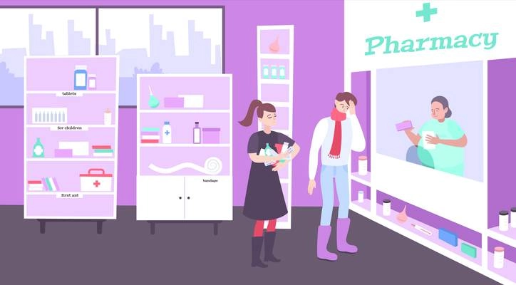 Pharmacy store composition with indoor interior scenery cabinet racks with medical products and doodle human characters vector illustration