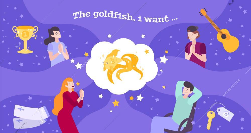 Gold fish dream flat composition with thought bubble goldfish and doodle human characters with their wishes vector illustration