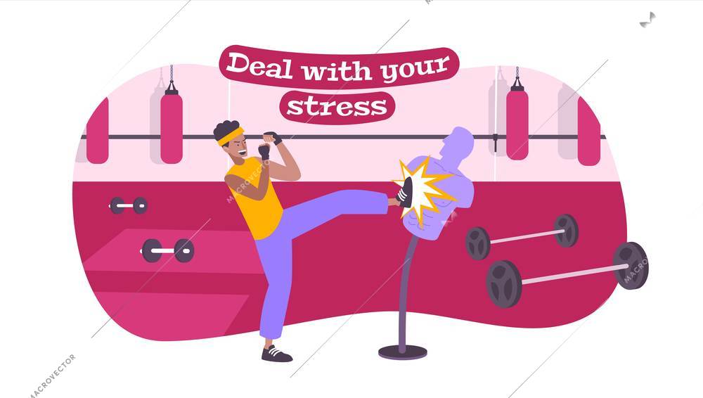 Punching bag stress flat composition with editable text and gym scenery with man kicking heavy bag vector illustration