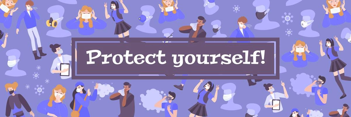 Protection mask site horizontal header with composition of flat images with coronavirus infected people and text vector illustration