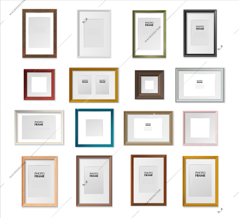 Different types square and rectangular picture frames various sizes material texture color realistic mockup set vector illustration