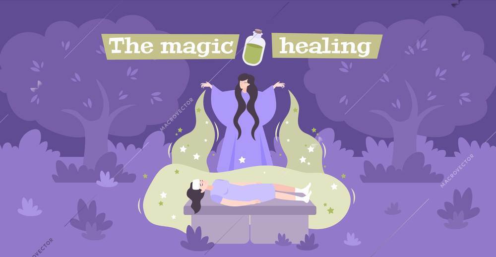 White magic disease healing  purification supernatural power energy practitioner flat mystical composition banner purple background vector illustration