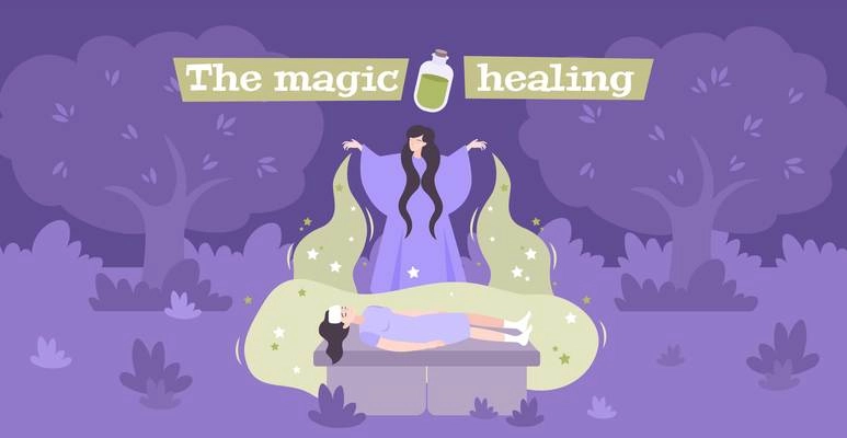 White magic disease healing  purification supernatural power energy practitioner flat mystical composition banner purple background vector illustration