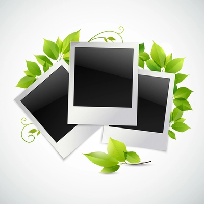 Vintage instant camera photo frames with green leaves vector illustration