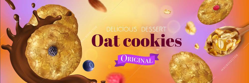 Realistic oat cookies poster ads with images of round biscuits chocolate splash berries and ornate text vector illustration