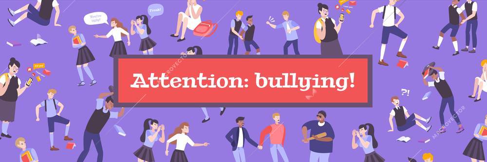 Bullying banner site flat composition of text and isolated icons human characters of children being bullied vector illustration