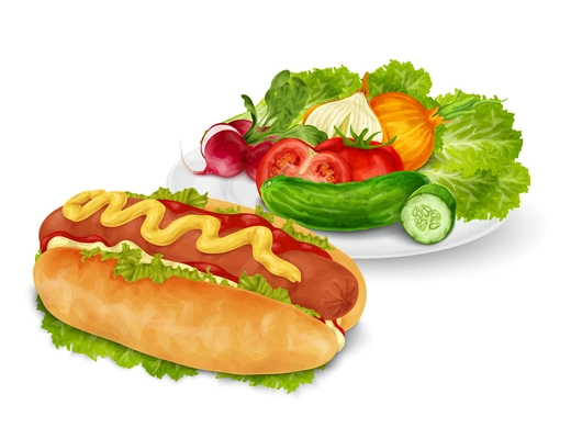Hot dog with mustard and ketchup fast food with vegetable salad isolated on white background vector illustration