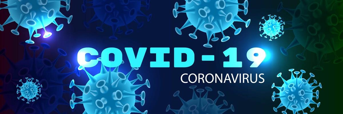 Realistic coronavirus background with covid-19 text and images of neon bacteria viruses with light spots vector illustration