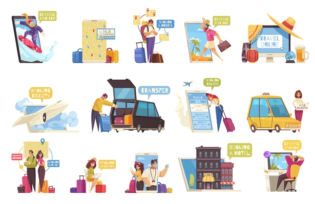 Travel booking set flat vector illustration