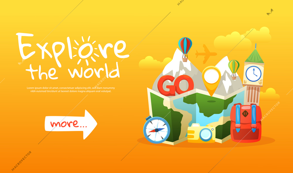 Explore the world colored horizontal banner with travel icons and more info button flat vector illustration