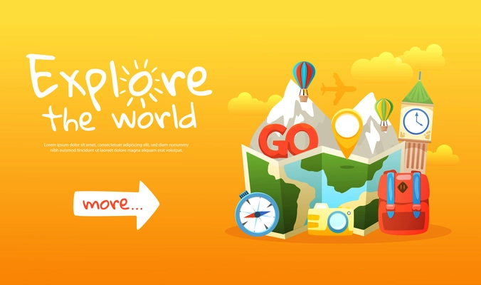 Explore the world colored horizontal banner with travel icons and more info button flat vector illustration