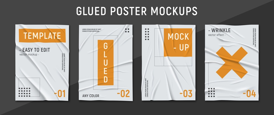 Glued badly wrinkled crumpled paper sheet template set mock up black background poster realistic vector illustration