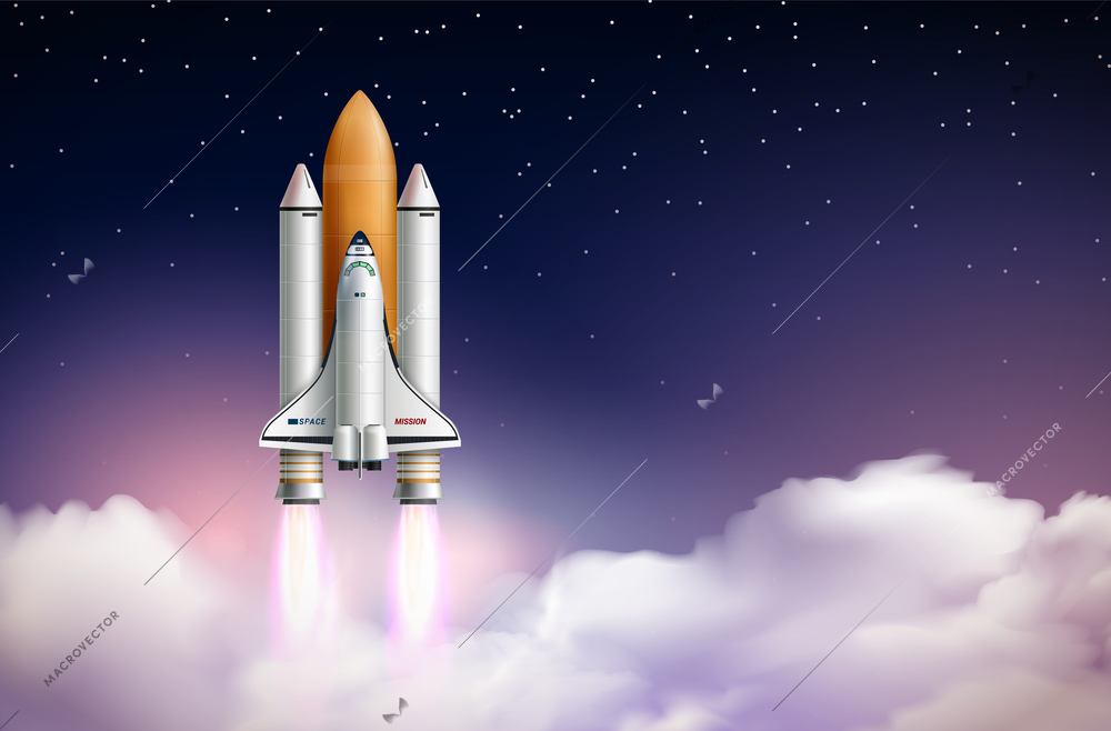 Rocket launch composition with realistic landscape above clouds with stars and space shuttle on launch vehicle vector illustration