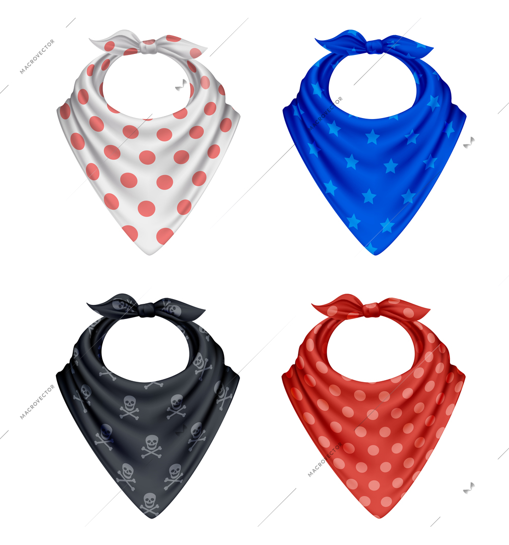 Bandana scarf buff handkerchief realistic polkadot pattern set of four colourful textile products on blank background vector illustration