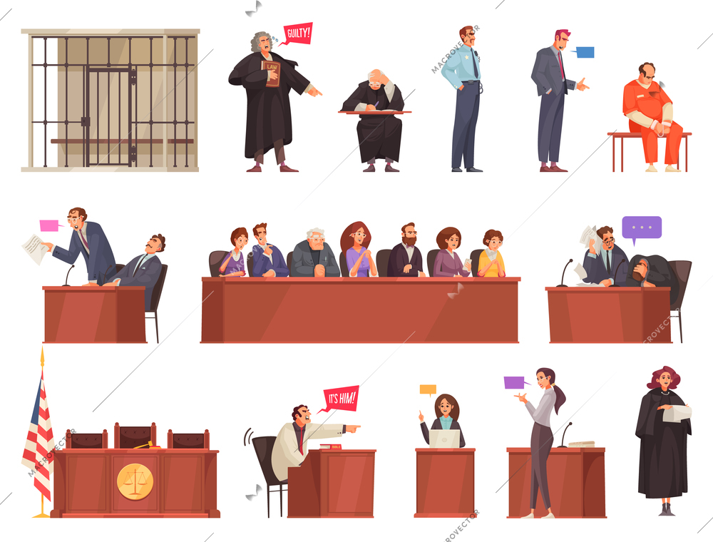 Law justice set with isolated icons of wooden tribunes and doodle style charactets of sitting people vector illustration