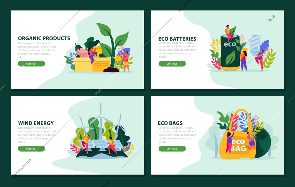 Ecology and save nature concept flat 4x1 collection of horizontal banners with clickable button and text vector illustration