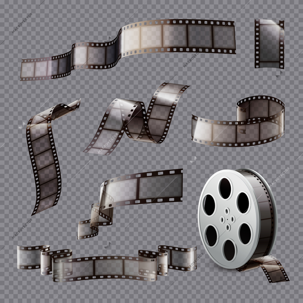 Film stripes reels realistic transparent set with isolated shapes of reel and bobbin on transparent background vector illustration