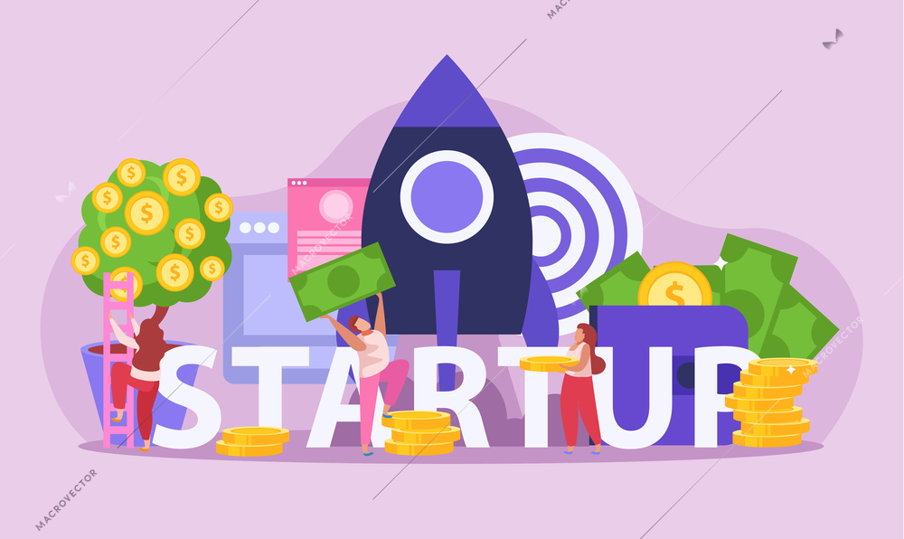 Flat crowdfunding composition with rocket and people collecting money for startup vector illustration